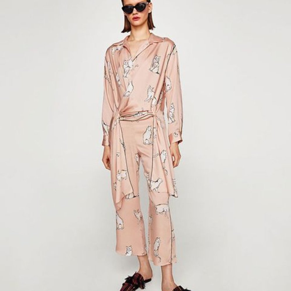 Zara SET Woman XS Satin Cat Trousers Pant & Blouse